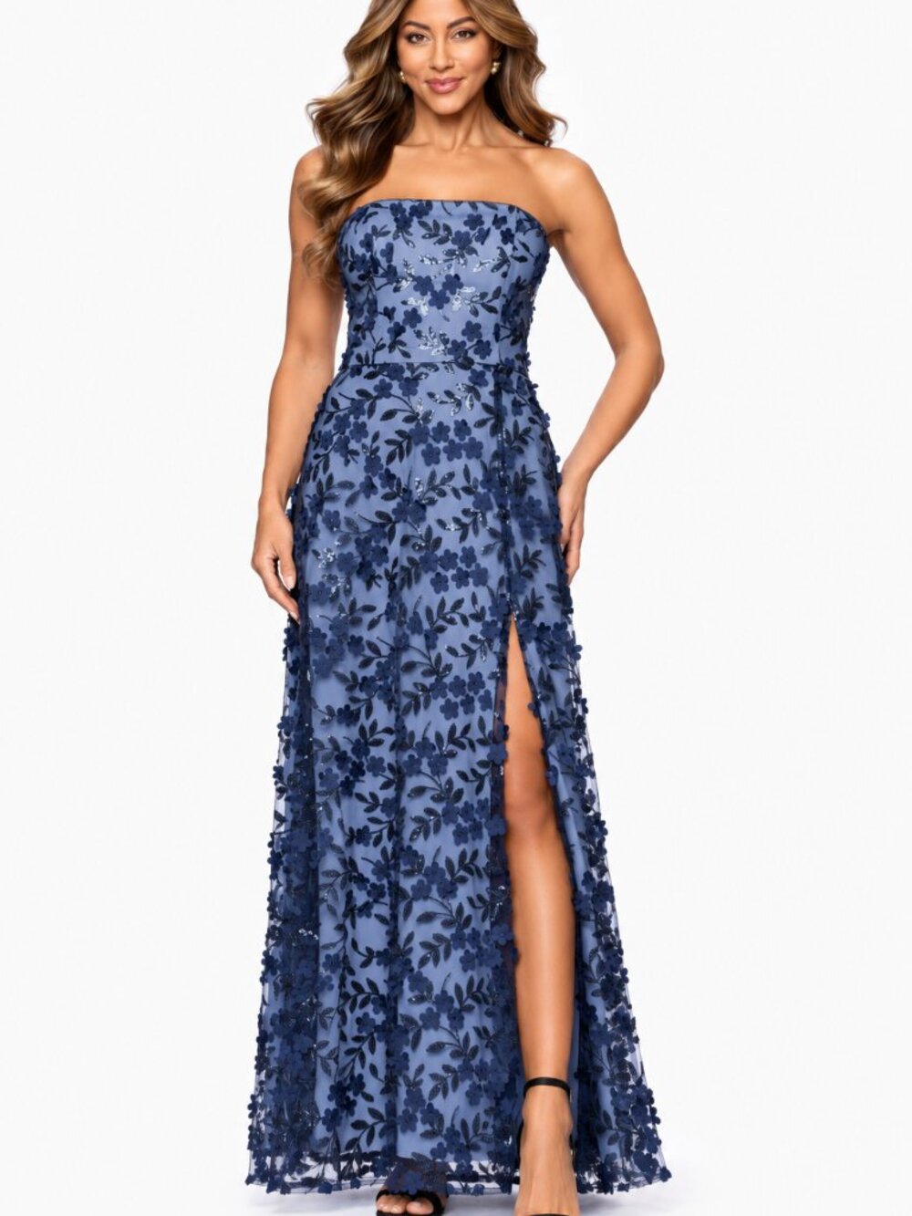 SCAPE 6 Navy Blue 3D Floral Sequin Strapless Long Formal Gown NWT